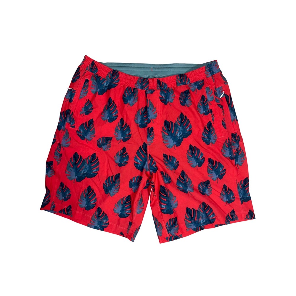 BIRDDOGS Gym Shorts Mens XXL Red Fast & Bi-curious Lined Tropical Monstera Leaf